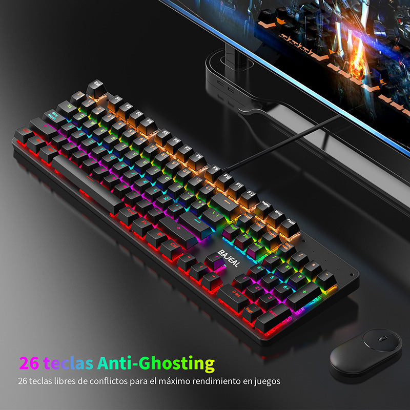 BAJEAL Wired 104 Keys Spanish Keyboard Backlit Computer Laptop Gaming Blue Switch Mechanical Keyboard - Black BAJEAL Wired 104 Keys Spanish Keyboard Backlit Computer Laptop Gaming Blue Switch Mechanical Keyboard - Black